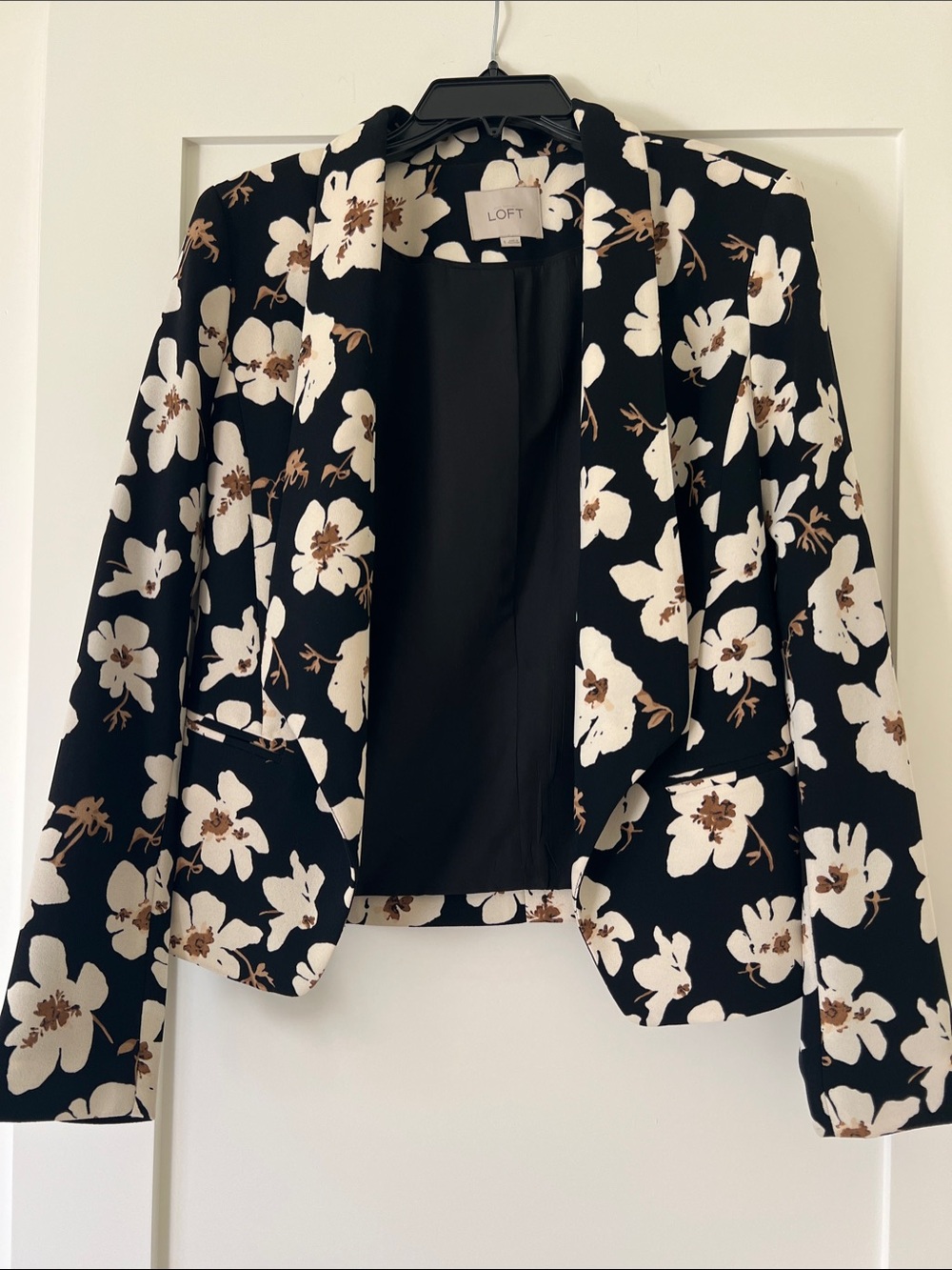 LOFT Black Floral Open Blazer with White and Brown Blossoms